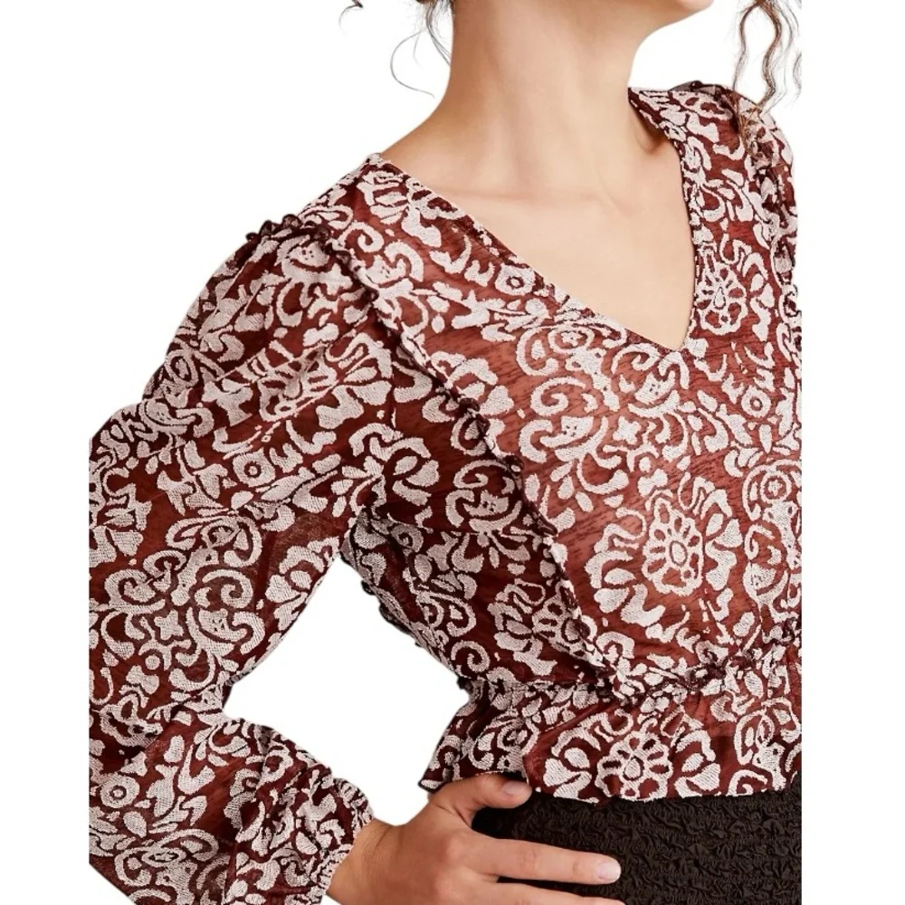 Anthropologie Brown Jacquard Ruffle Cropped Peasant Blouse - L